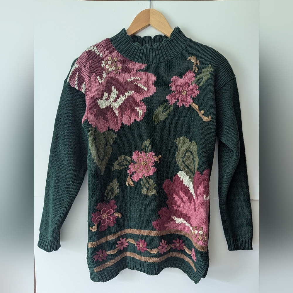 Vintage Cottagecore Knit Sweater Hunter Green & Pink Petite Small Moody Floral